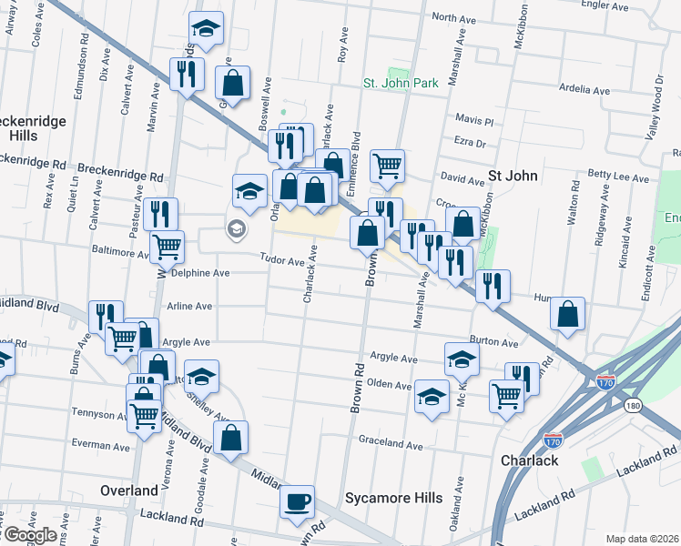 map of restaurants, bars, coffee shops, grocery stores, and more near 8940 Tudor Avenue in Overland