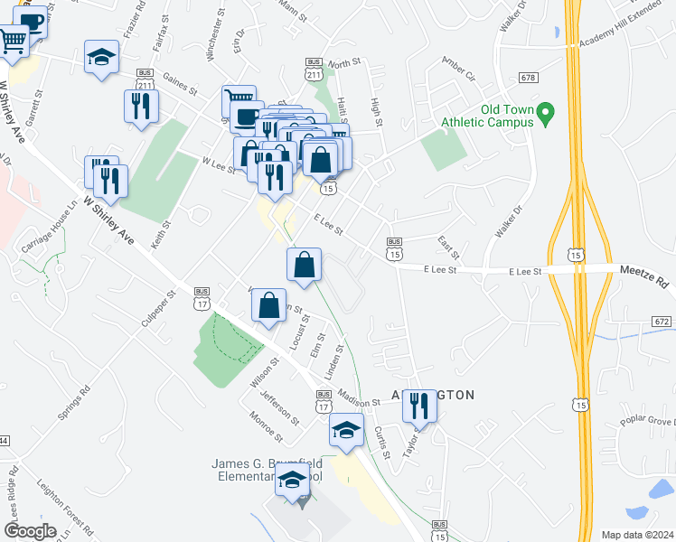 map of restaurants, bars, coffee shops, grocery stores, and more near 94B Leeds Court East in Warrenton