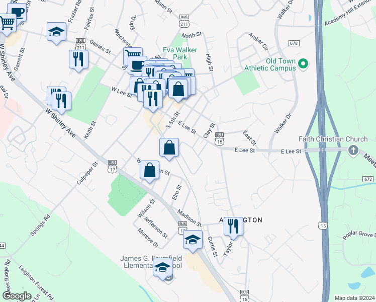 map of restaurants, bars, coffee shops, grocery stores, and more near 102 Leeds Court East in Warrenton