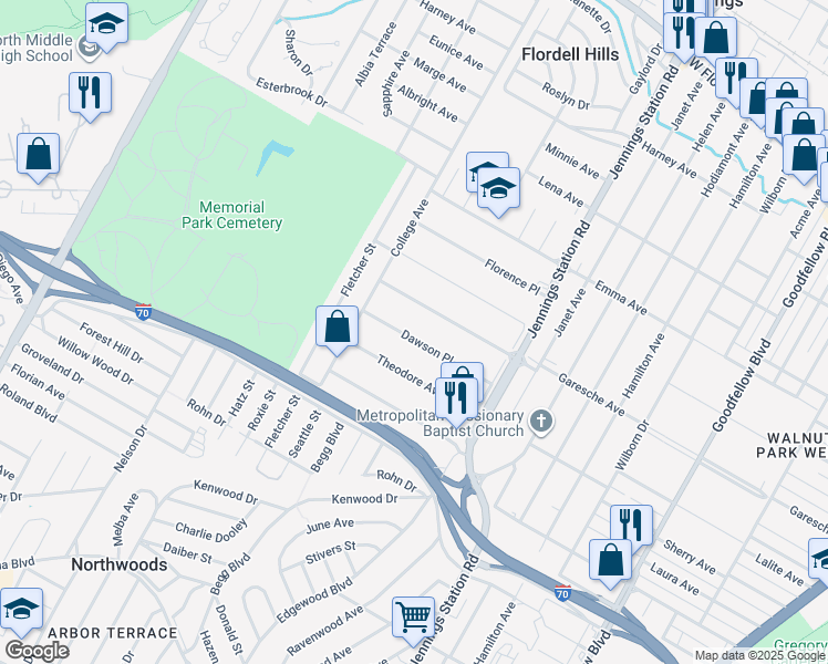 map of restaurants, bars, coffee shops, grocery stores, and more near 7133 Dawson Place in Jennings