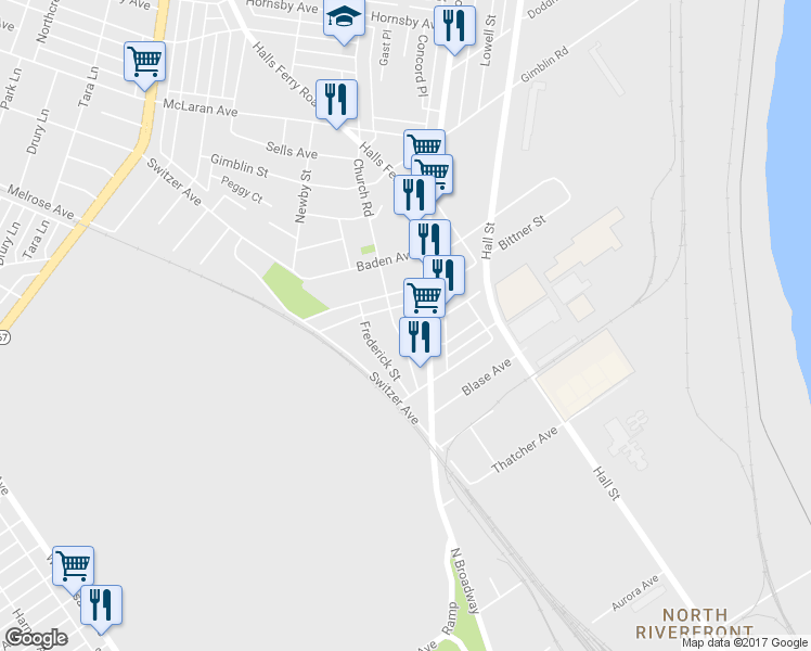 map of restaurants, bars, coffee shops, grocery stores, and more near 8010 Church Road in St. Louis