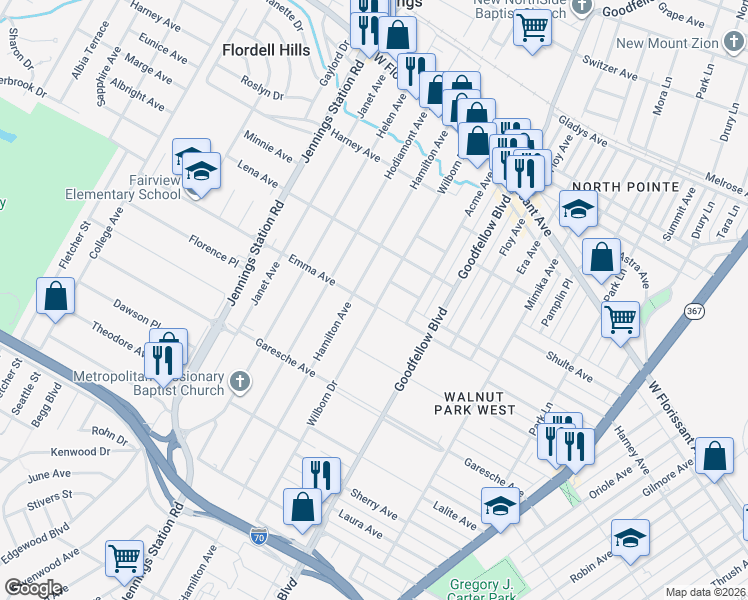 map of restaurants, bars, coffee shops, grocery stores, and more near 5501 Wilborn Drive in Jennings