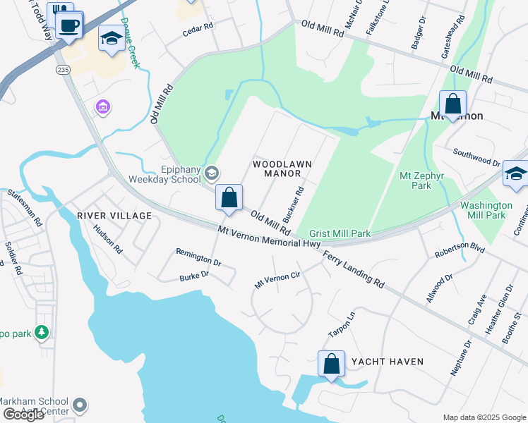 map of restaurants, bars, coffee shops, grocery stores, and more near 5617 Old Mill Road in Alexandria