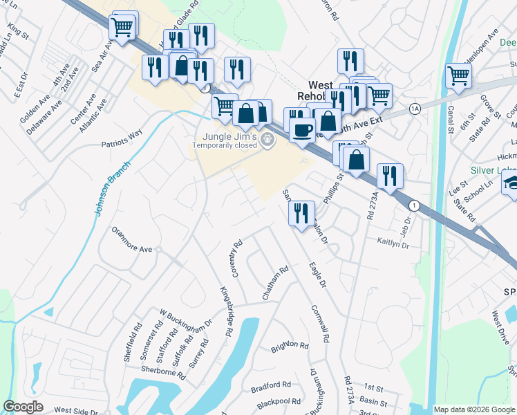 map of restaurants, bars, coffee shops, grocery stores, and more near 20368 Mallory Square Circle in Rehoboth Beach