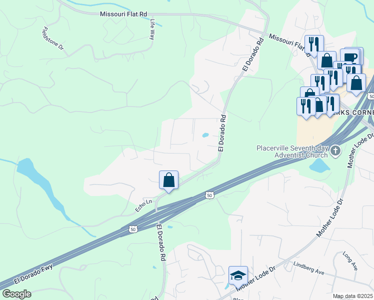 map of restaurants, bars, coffee shops, grocery stores, and more near 3821 Sunshine Lane in Placerville