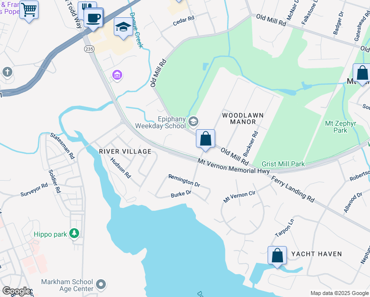 map of restaurants, bars, coffee shops, grocery stores, and more near 5112 Mount Vernon Memorial Highway in Alexandria
