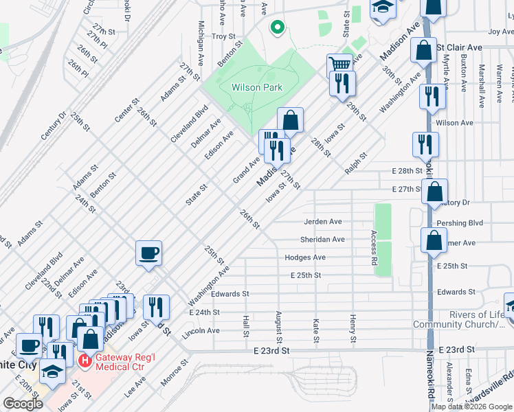 map of restaurants, bars, coffee shops, grocery stores, and more near 2605 Iowa Street in Granite City