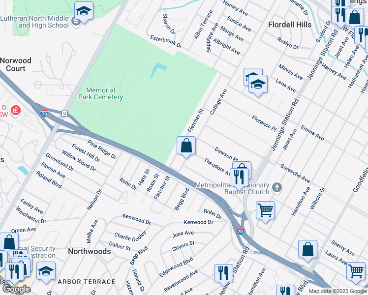 map of restaurants, bars, coffee shops, grocery stores, and more near 5301 College Avenue in Jennings