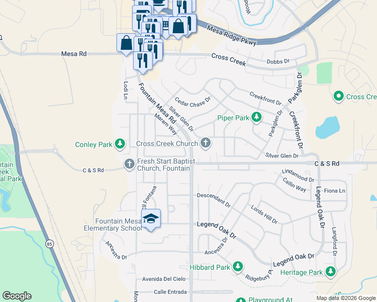 map of restaurants, bars, coffee shops, grocery stores, and more near 7080 Maram Way in Fountain