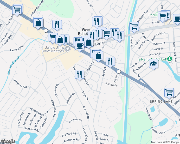 map of restaurants, bars, coffee shops, grocery stores, and more near 310 Blue Heron Drive in Rehoboth Beach