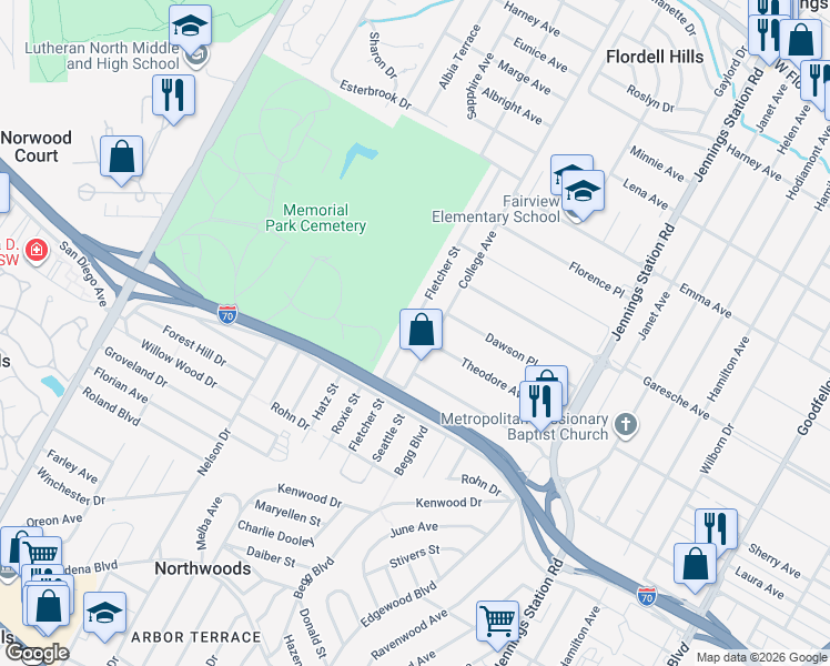 map of restaurants, bars, coffee shops, grocery stores, and more near 5301 College Avenue in Jennings