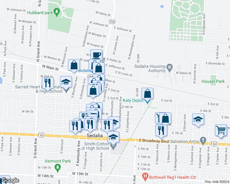 map of restaurants, bars, coffee shops, grocery stores, and more near 300 East 2nd Street in Sedalia