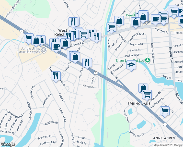 map of restaurants, bars, coffee shops, grocery stores, and more near 20326 Luciana Lane in Rehoboth Beach
