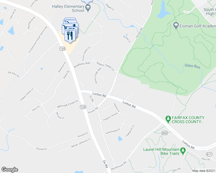 map of restaurants, bars, coffee shops, grocery stores, and more near 9103 Osprey Ridge Lane in Lorton