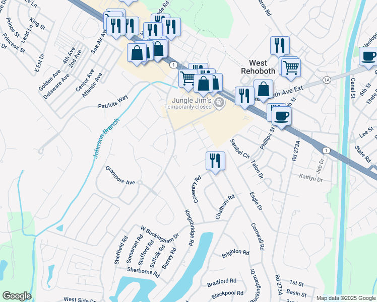 map of restaurants, bars, coffee shops, grocery stores, and more near 20297 Fleming Circle in Rehoboth Beach