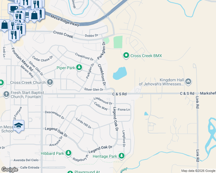 map of restaurants, bars, coffee shops, grocery stores, and more near 8862 Silver Glen Drive in Fountain