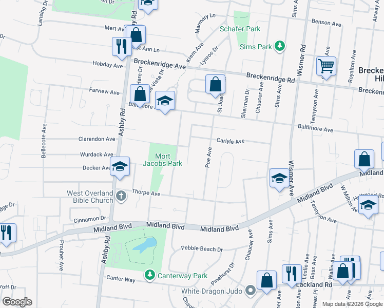 map of restaurants, bars, coffee shops, grocery stores, and more near 2889 Lesmer Court in St. Louis
