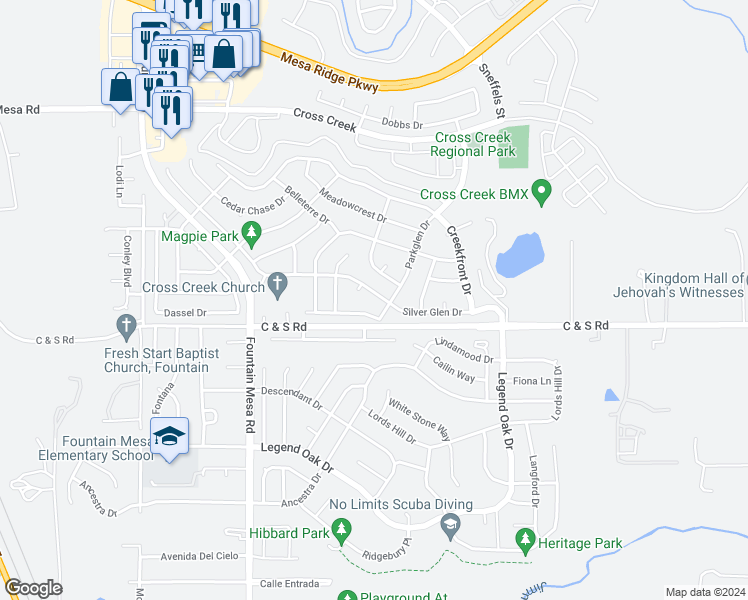 map of restaurants, bars, coffee shops, grocery stores, and more near 8678 Silver Glen Drive in Fountain