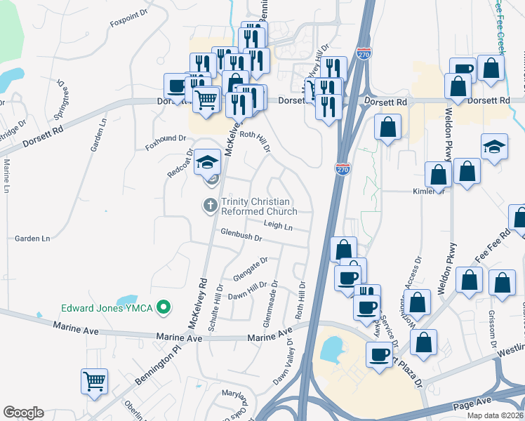 map of restaurants, bars, coffee shops, grocery stores, and more near 12437 Leigh Lane in Maryland Heights