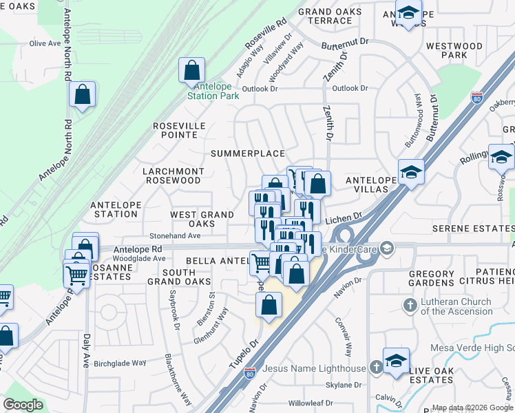 map of restaurants, bars, coffee shops, grocery stores, and more near 7829 Zenith Drive in Citrus Heights