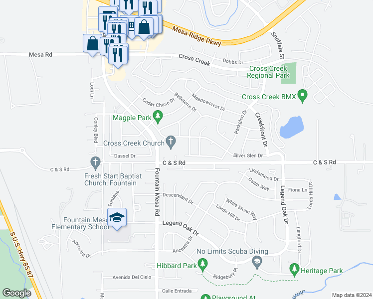 map of restaurants, bars, coffee shops, grocery stores, and more near 7226 Bentwater Drive in Fountain