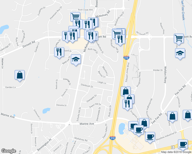map of restaurants, bars, coffee shops, grocery stores, and more near 12437 Leigh Lane in Maryland Heights