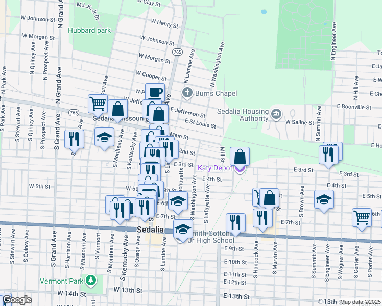 map of restaurants, bars, coffee shops, grocery stores, and more near 208 South Washington Avenue in Sedalia