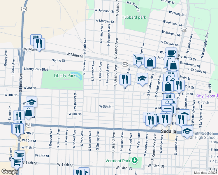 map of restaurants, bars, coffee shops, grocery stores, and more near 817 West 3rd Street in Sedalia