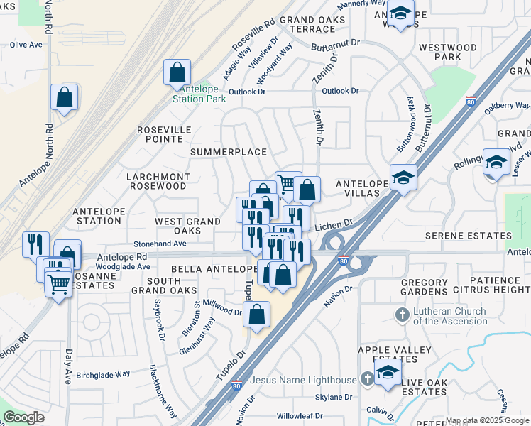 map of restaurants, bars, coffee shops, grocery stores, and more near 7908 Zenith Drive in Citrus Heights