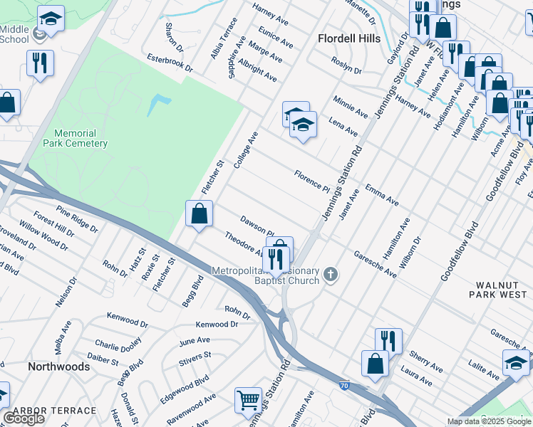 map of restaurants, bars, coffee shops, grocery stores, and more near 7036 Garesche Avenue in Jennings