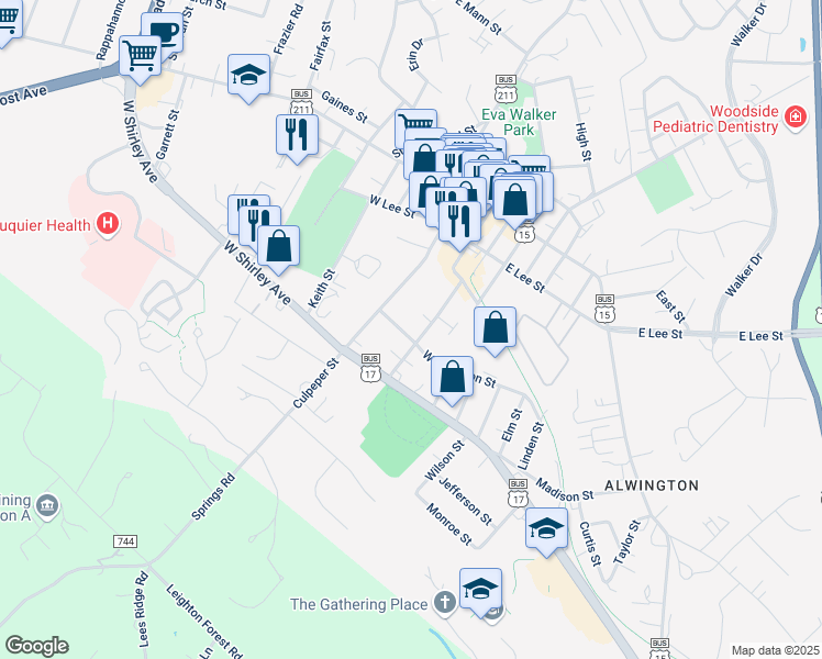 map of restaurants, bars, coffee shops, grocery stores, and more near 35 Washington Street in Warrenton