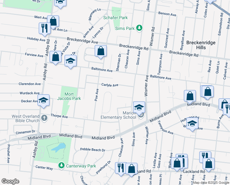 map of restaurants, bars, coffee shops, grocery stores, and more near 48 Gocke Place in Overland