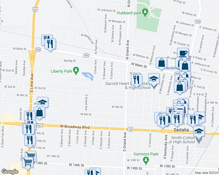 map of restaurants, bars, coffee shops, grocery stores, and more near 240 South Quincy Avenue in Sedalia