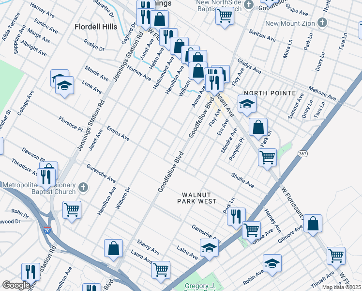 map of restaurants, bars, coffee shops, grocery stores, and more near 5535 Goodfellow Boulevard in St. Louis