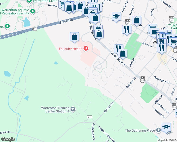 map of restaurants, bars, coffee shops, grocery stores, and more near 250 Carriage Chase Circle in Warrenton