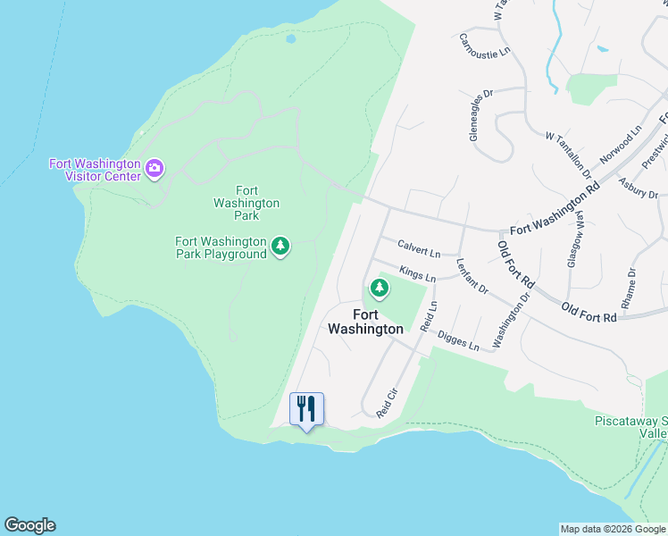 map of restaurants, bars, coffee shops, grocery stores, and more near 13221 Park Lane in Fort Washington
