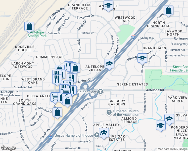 map of restaurants, bars, coffee shops, grocery stores, and more near 8001 Dicus Court in Citrus Heights