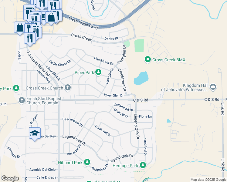 map of restaurants, bars, coffee shops, grocery stores, and more near 8379 Arbor Green Drive in Fountain