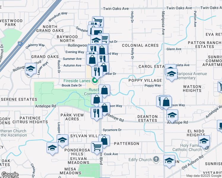 map of restaurants, bars, coffee shops, grocery stores, and more near 7868 Auburn Boulevard in Citrus Heights