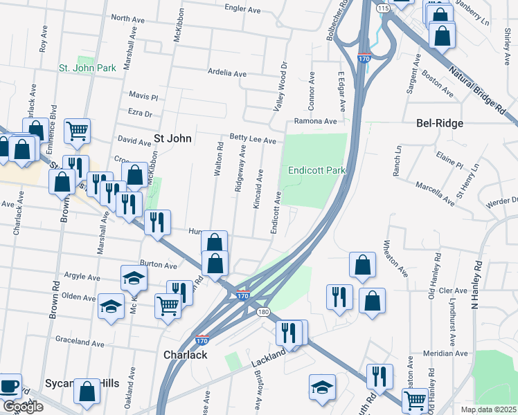 map of restaurants, bars, coffee shops, grocery stores, and more near 2928 Kincaid Avenue in St. Louis