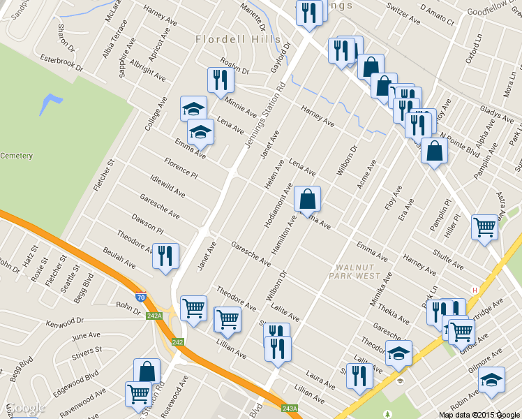 map of restaurants, bars, coffee shops, grocery stores, and more near 5458 Helen Avenue in St. Louis
