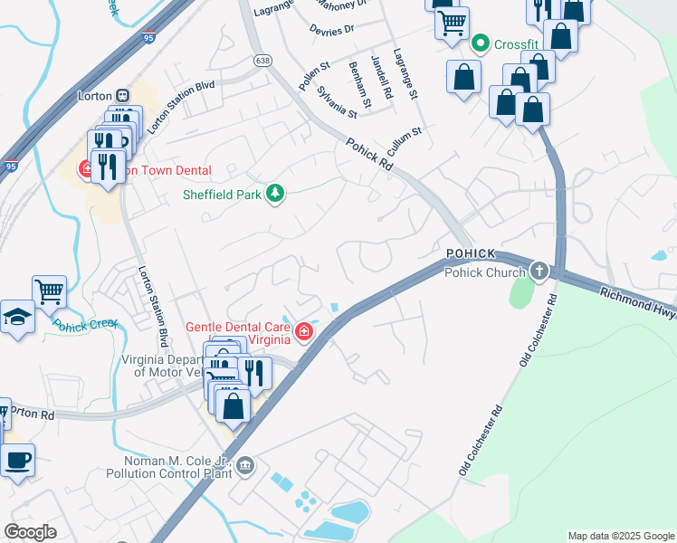 map of restaurants, bars, coffee shops, grocery stores, and more near 7582 Aspenpark Road in Lorton