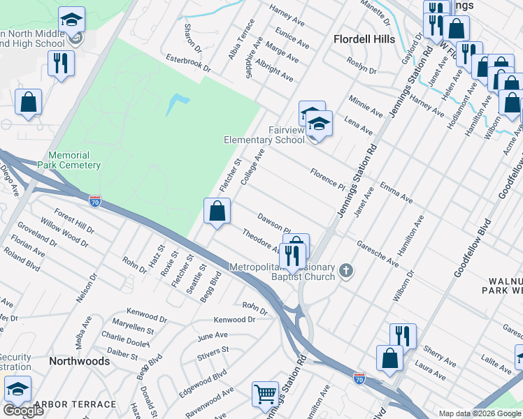 map of restaurants, bars, coffee shops, grocery stores, and more near 7129 Dawson Place in Jennings