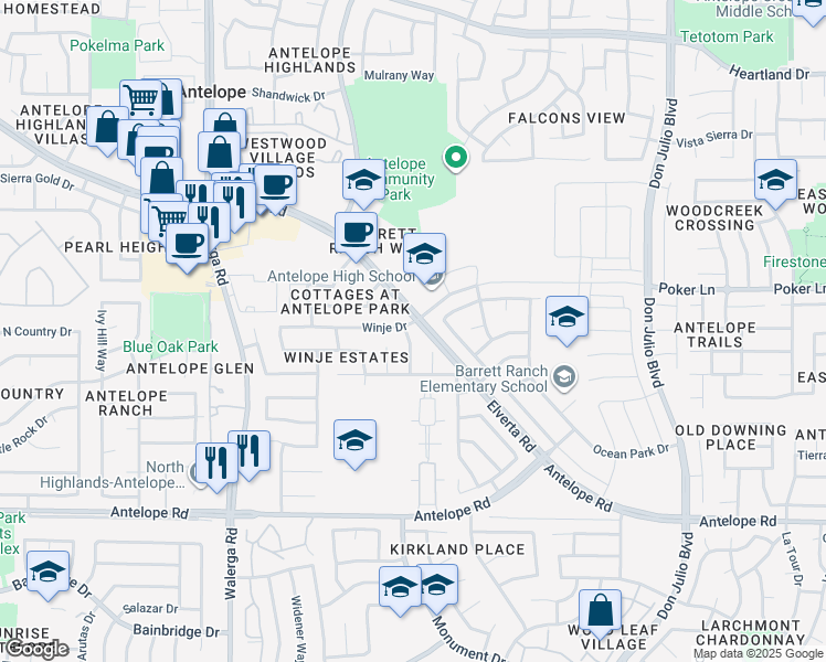 map of restaurants, bars, coffee shops, grocery stores, and more near 7761 Oceano Court in Antelope