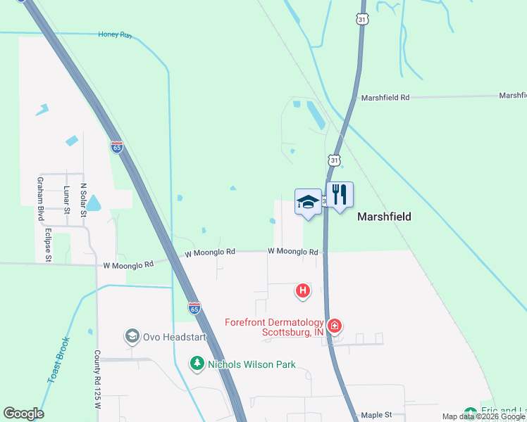 map of restaurants, bars, coffee shops, grocery stores, and more near 698 West Moonglo Road in Scottsburg
