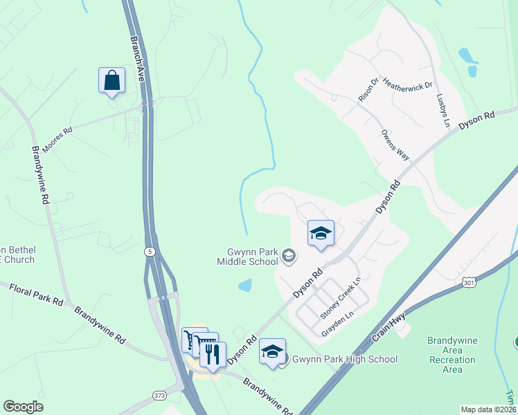 map of restaurants, bars, coffee shops, grocery stores, and more near 13100 Hampton Farm Lane in Brandywine