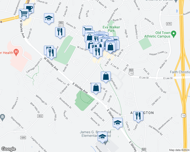 map of restaurants, bars, coffee shops, grocery stores, and more near 139 Green Street in Warrenton