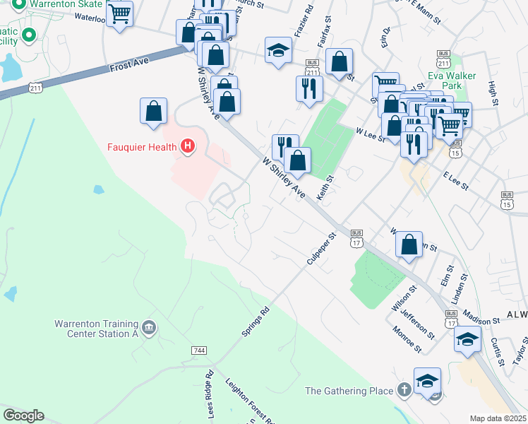 map of restaurants, bars, coffee shops, grocery stores, and more near 364 Horseshoe Lane in Warrenton