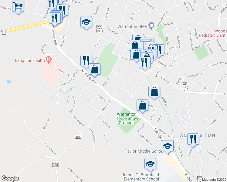 map of restaurants, bars, coffee shops, grocery stores, and more near 202 Culpeper Street in Warrenton