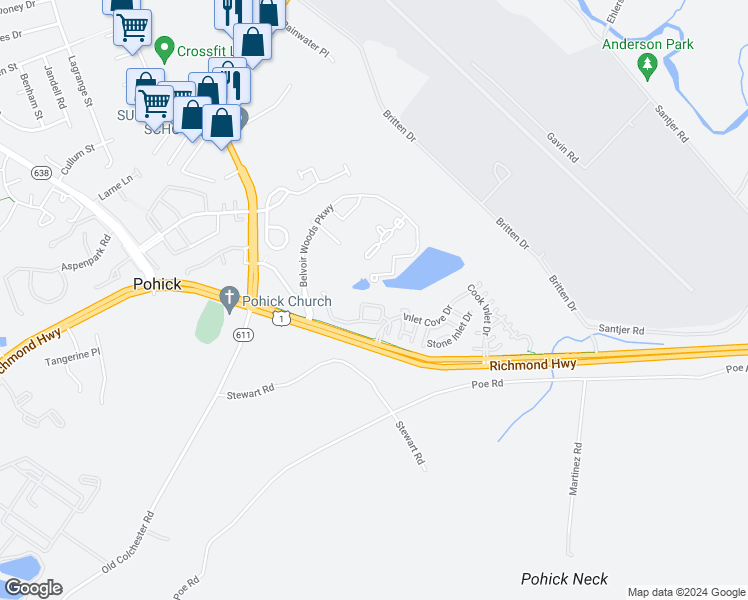 map of restaurants, bars, coffee shops, grocery stores, and more near 7122 Point Replete Circle in Fort Belvoir